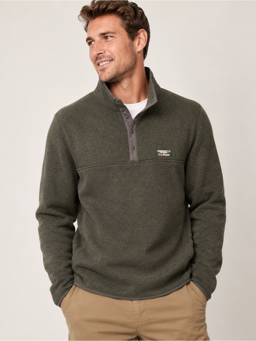 L.L.Bean Sweater Fleece Snap Neck Pullover Olive Green Men’s M Tall
